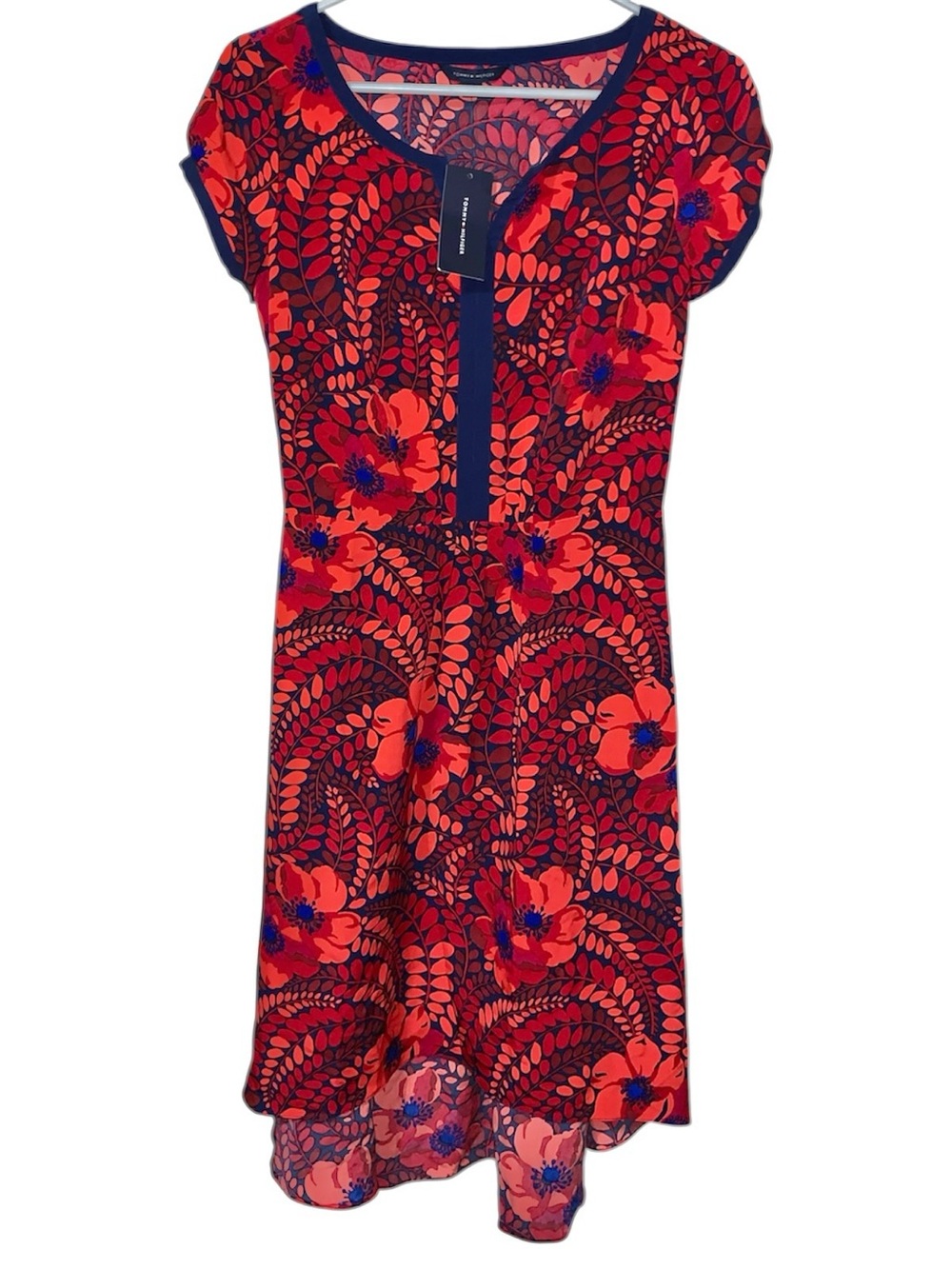 Tommy Hilfiger Red Poppy High-Low Dress with Navy Trim